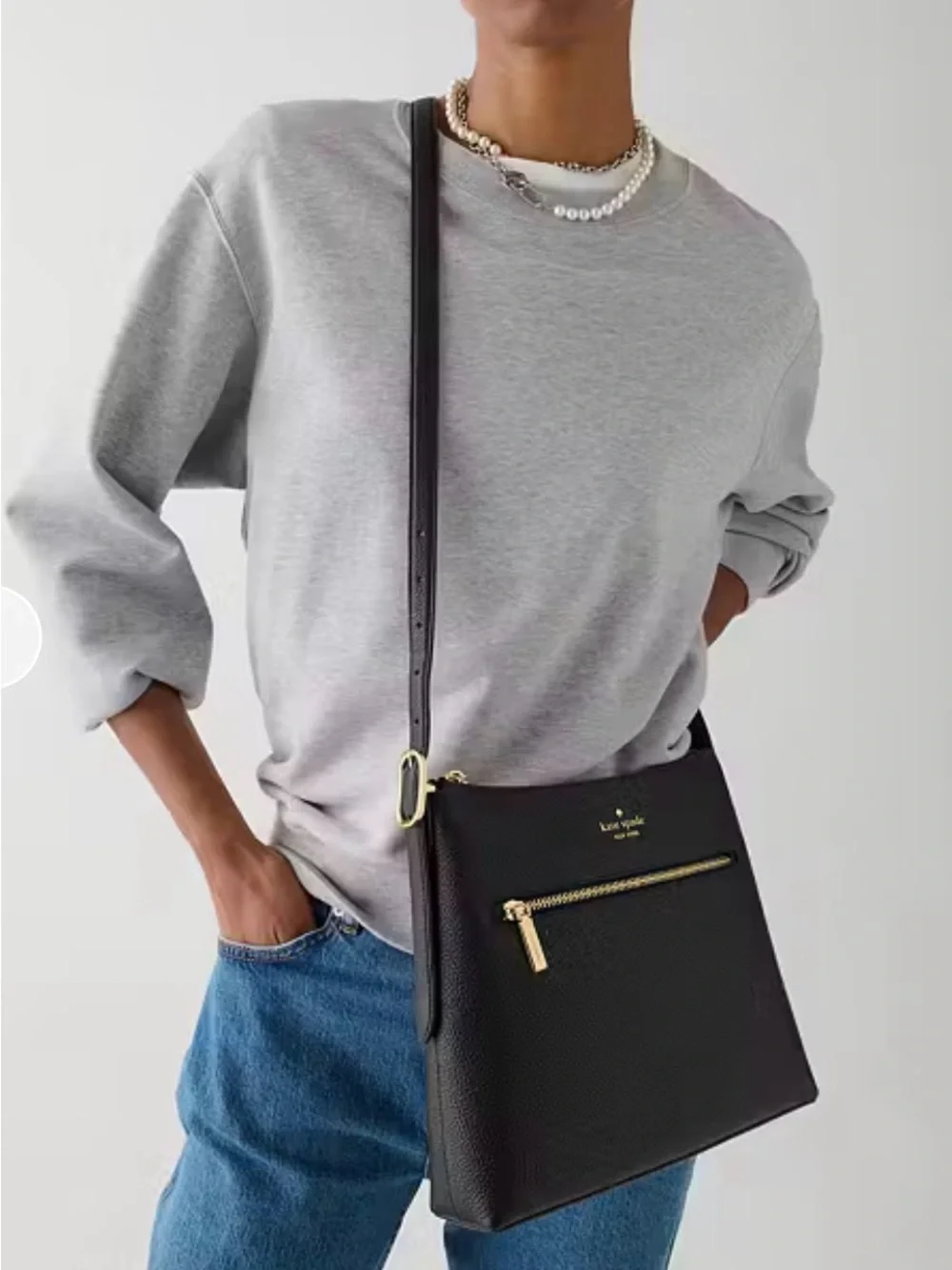 New Kate Spade Black Pebbled Leather Swing back Crossbody with front Zip Pocket